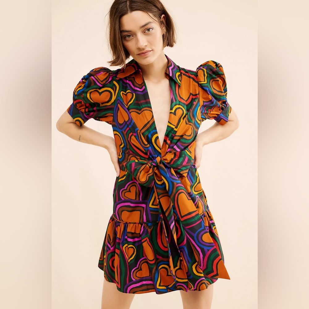 FARM Rio Short-Sleeve Bow-Front Mini Dress, Black, Size Large